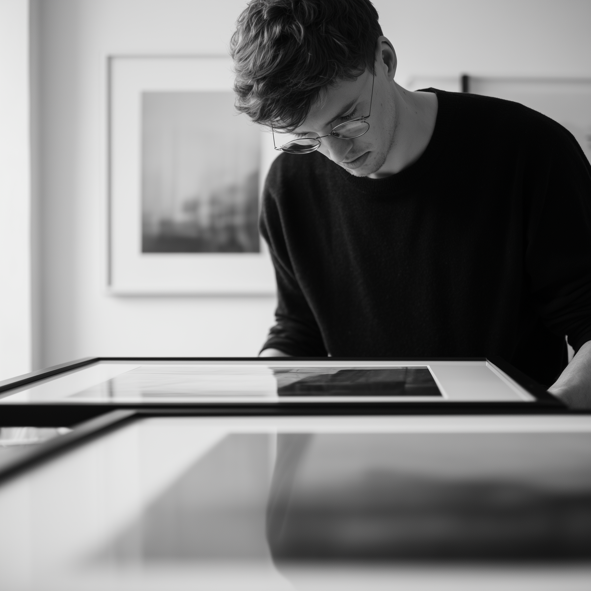 Person sitting at a table looking at some frames in a room with framed pictures on the wall.