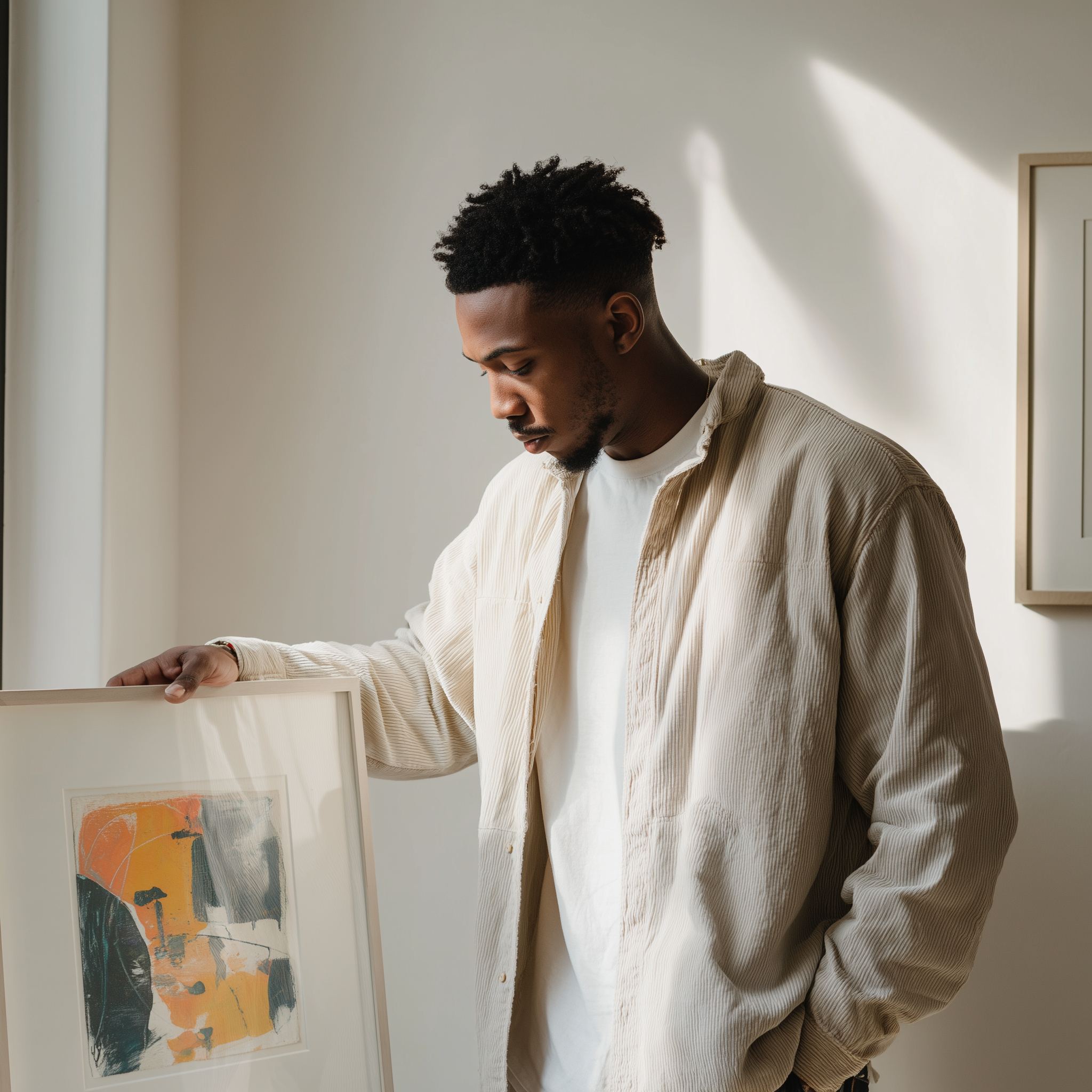 Man holding a framed piece of art in a room with sunlight streaming in