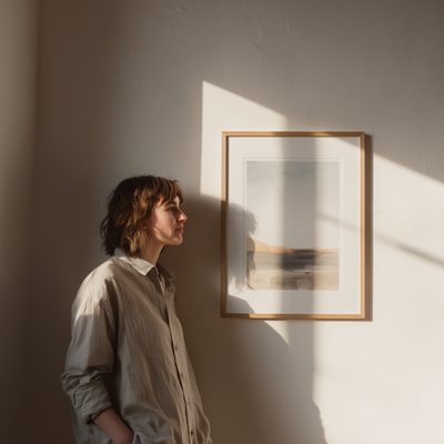 Woman standing in a softly lit room with a framed picture on the wall.